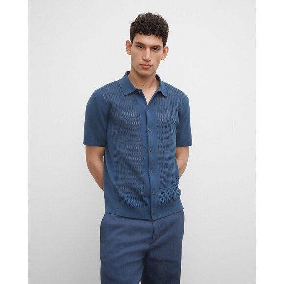 Club Monaco Mens Shirt Sweater Size Small Blue Short Sleeve Mesh Button Down - Picture 7 of 7